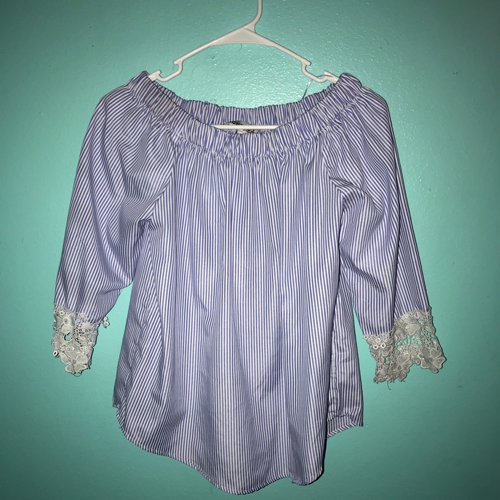 Blue and White off the Shoulder Shirt